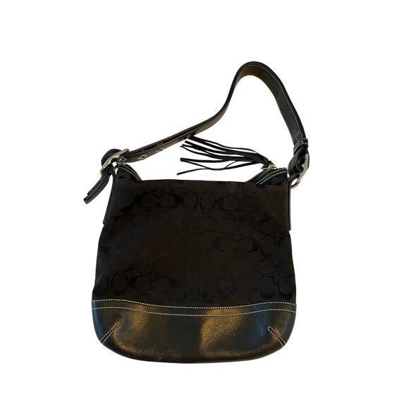 Vintage Coach Black Brown Signature Jacquard Leather Shoulder Handbag - Picture 1 of 16